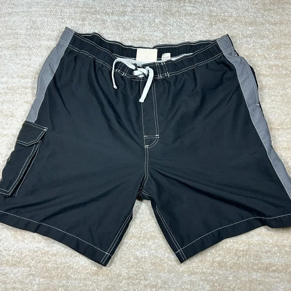 True Nation Swim Trunks Men XL Black Mesh Lined Drawstring Cargo Elastic Waist